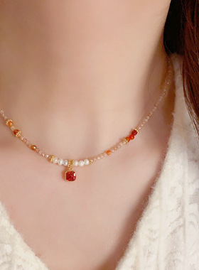 淡水珍珠锆石方钻吊坠项链女小众时尚轻奢设计感水晶串珠锁骨链