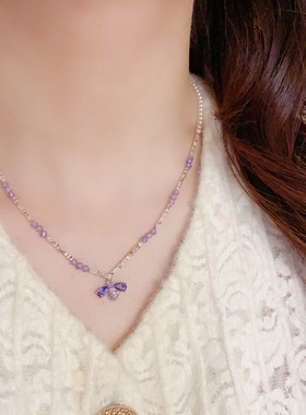 春季新款温柔百搭紫色串珠蜜蜂吊坠项链气质简约小清新锁骨链