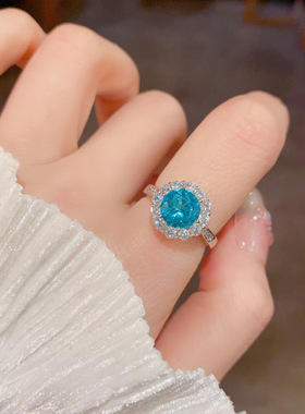 欧美跨境个性时尚夸张锆石蓝色圆形开口戒精致轻奢百搭食指戒配饰
