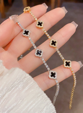 欧美跨境满锆黑色四叶花手链精致时尚轻奢百搭感超闪手饰