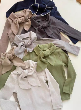 ins春秋新款女童花边日系蝴蝶结领纯棉舒适长袖T恤亲肤弹力打底衫