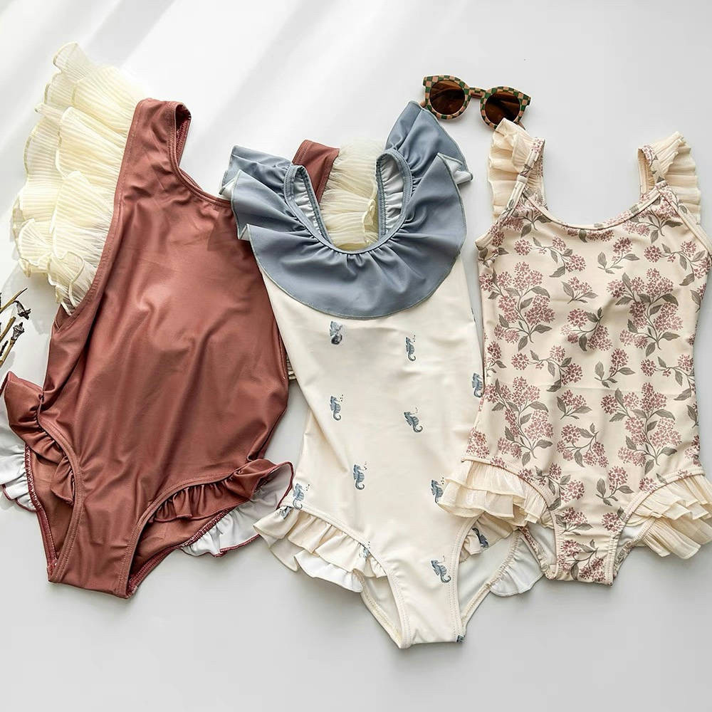 清仓夏季新款女童连体花边泳衣泳帽韩版女宝宝海边度假游泳装现货