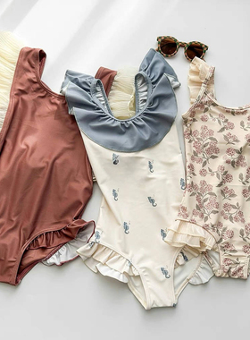 2025夏季新款女童连体花边泳衣泳帽韩版女宝宝海边度假游泳装现货