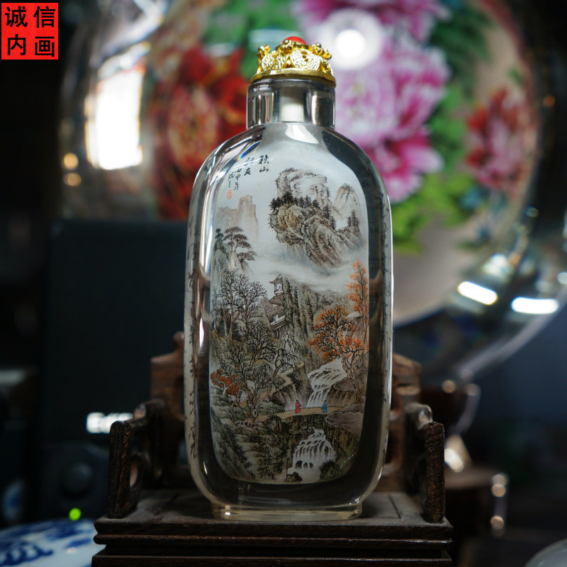 瓶内画 一丁大师纯手工绘制鼻烟壶内画 收藏中国特色礼品摆件
