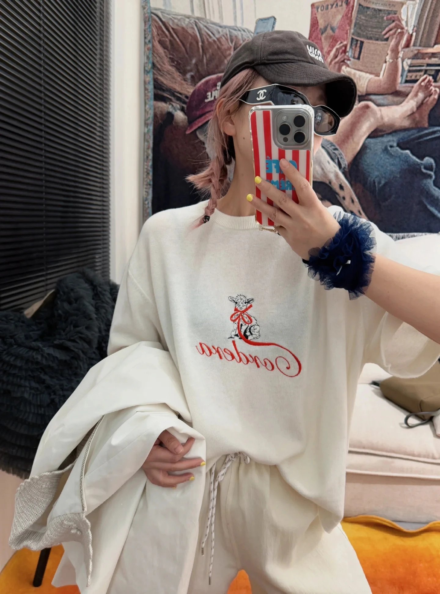 COR针织短袖t恤女装白色宽松圆领套头打底衫精致刺绣上衣
