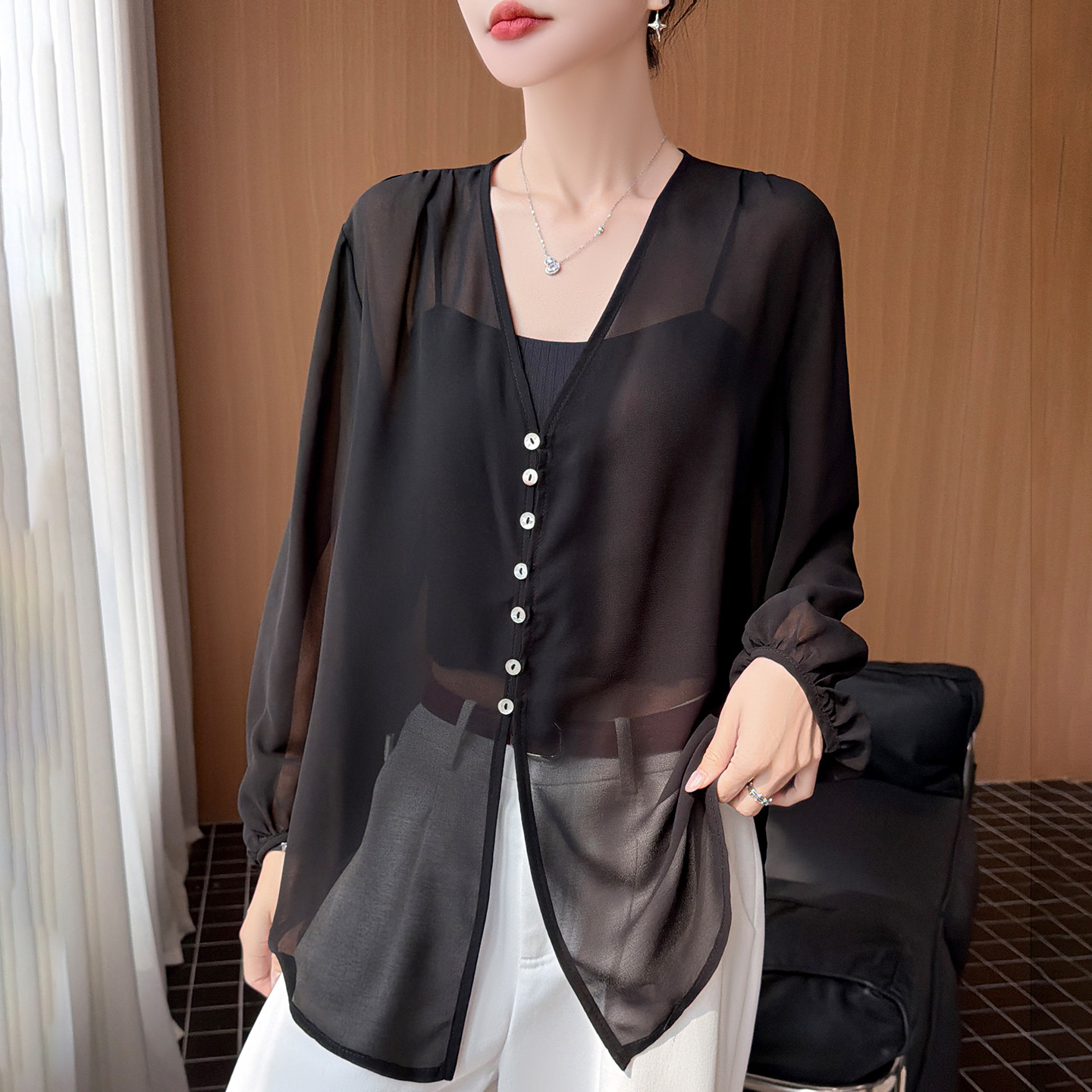 慵懒风V领雪纺开衫女中长款乔其纱宽松黑色气质上衣纯色防晒衫