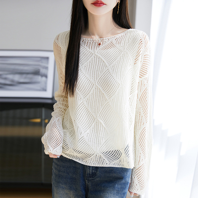 亚麻针织镂空罩衫女2025夏薄款新款长袖黑色网衫宽松防晒天丝上衣