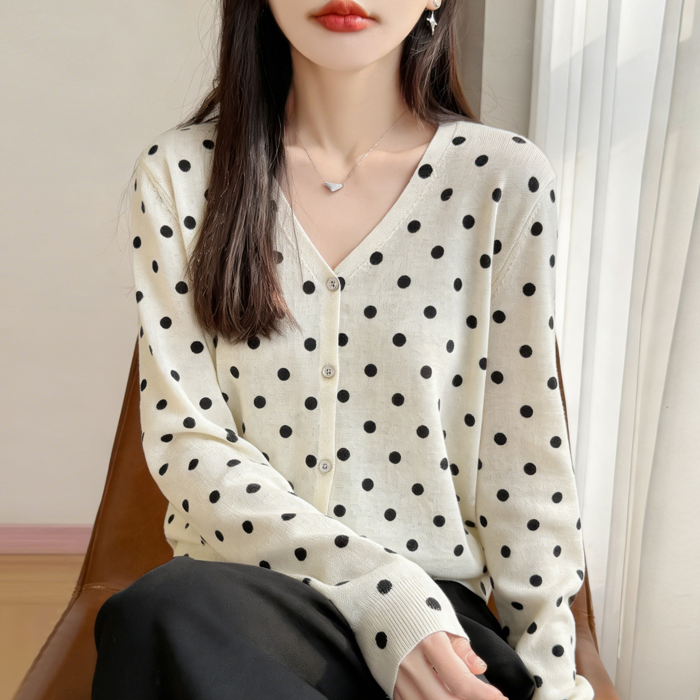 针织开衫女V领波点天丝亚麻秋长袖宽松薄款毛衣外套显瘦休闲上衣