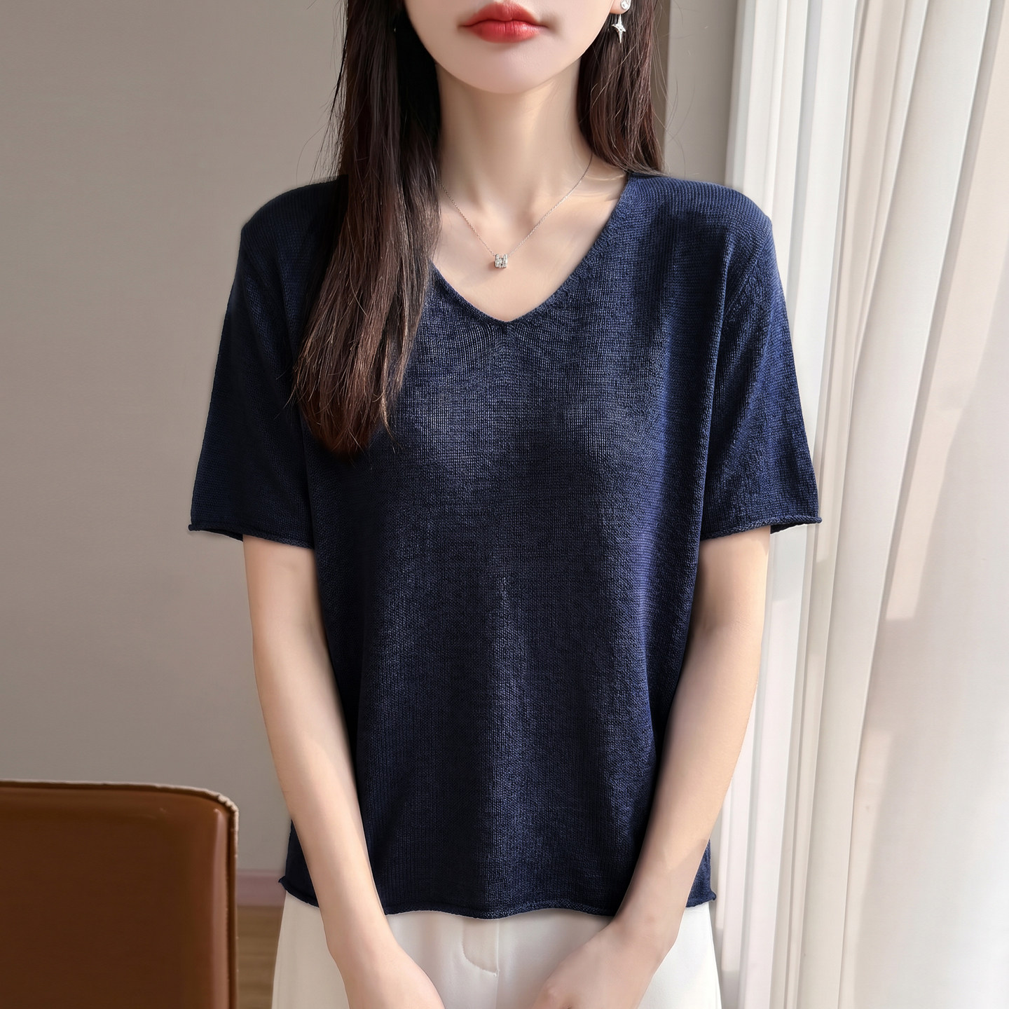 净面短袖夏装女针织薄款一线成衣亚麻V领短袖针织衫修身显瘦上衣