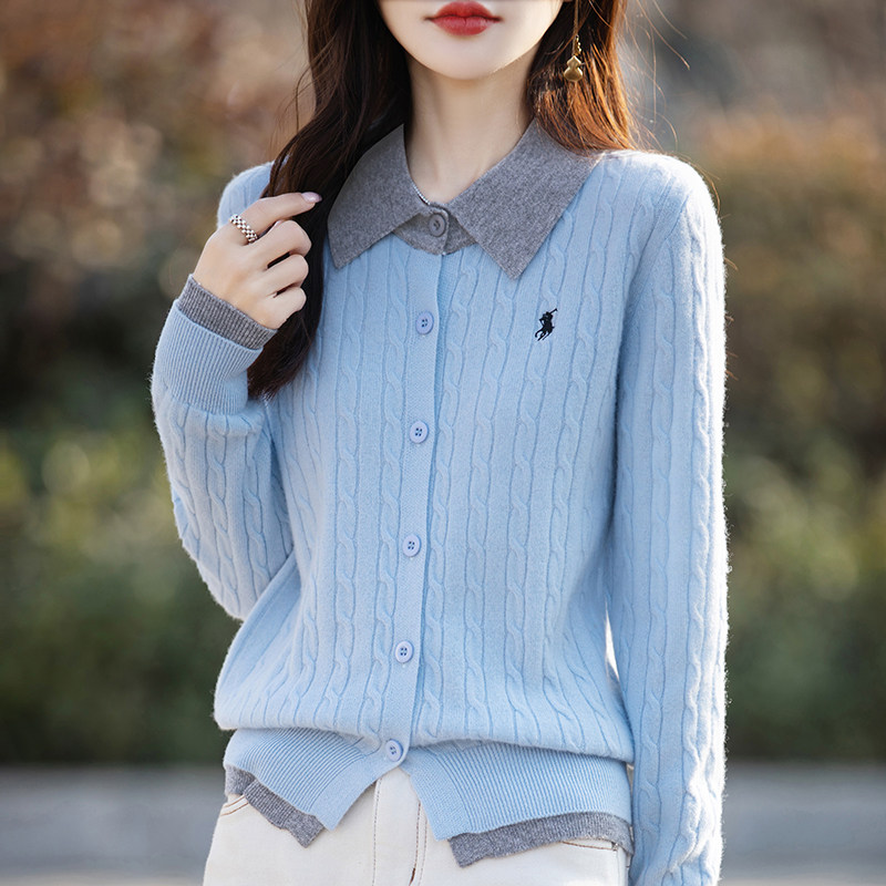 开衫女装秋冬毛衣针织羊毛衫100%纯羊毛刺绣抗拉扶衬衣POLO领毛衣