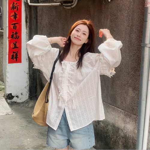SUNCC自制 小苍兰 夏季法式气质休闲甜美风花边波点宽松减龄衬衫