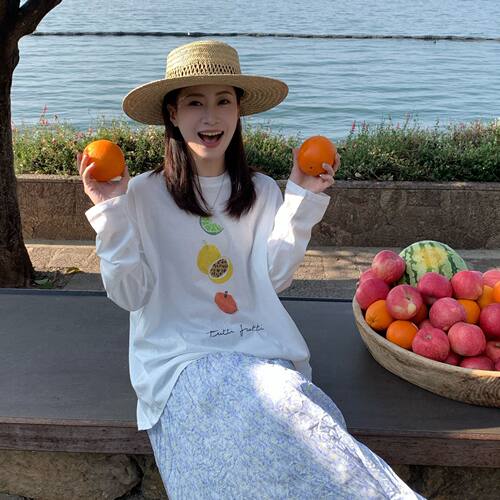 SUNCC自制 水果tee 印花韩版宽松长袖春夏百搭ins显瘦休闲卡通