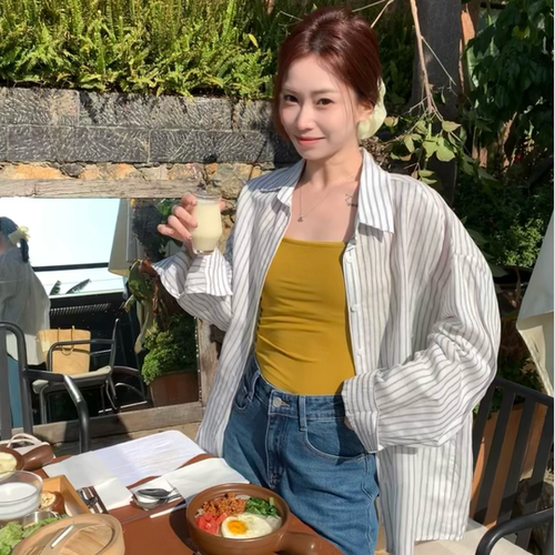 SUNCC自制 自在线条 春日甜美韩系休闲百搭宽松条纹ins春夏衬衫