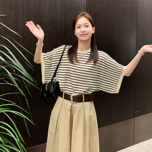SUNCC自制 氧气感 莱赛尔  韩系慵懒风条纹休闲百搭显瘦短袖T恤