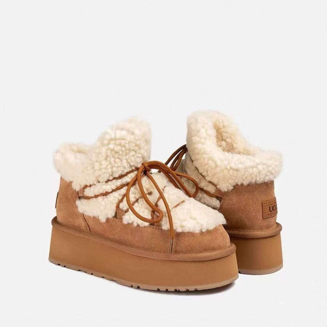 澳洲直邮OZWEAR泰迪毛绑带厚底羊毛雪地靴OB849F