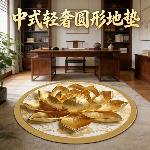 中国风卧室可水洗圆形地毯水晶绒