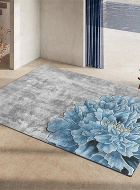 新中式地毯客厅茶几毯卧室床边毯花朵田园风轻奢创意牡丹红色蓝色