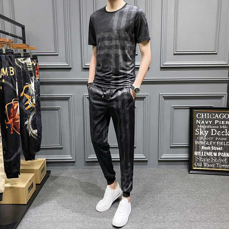2021夏季新款格子冰丝短袖套装男 钱塘3029-3007-P110  真模图片
