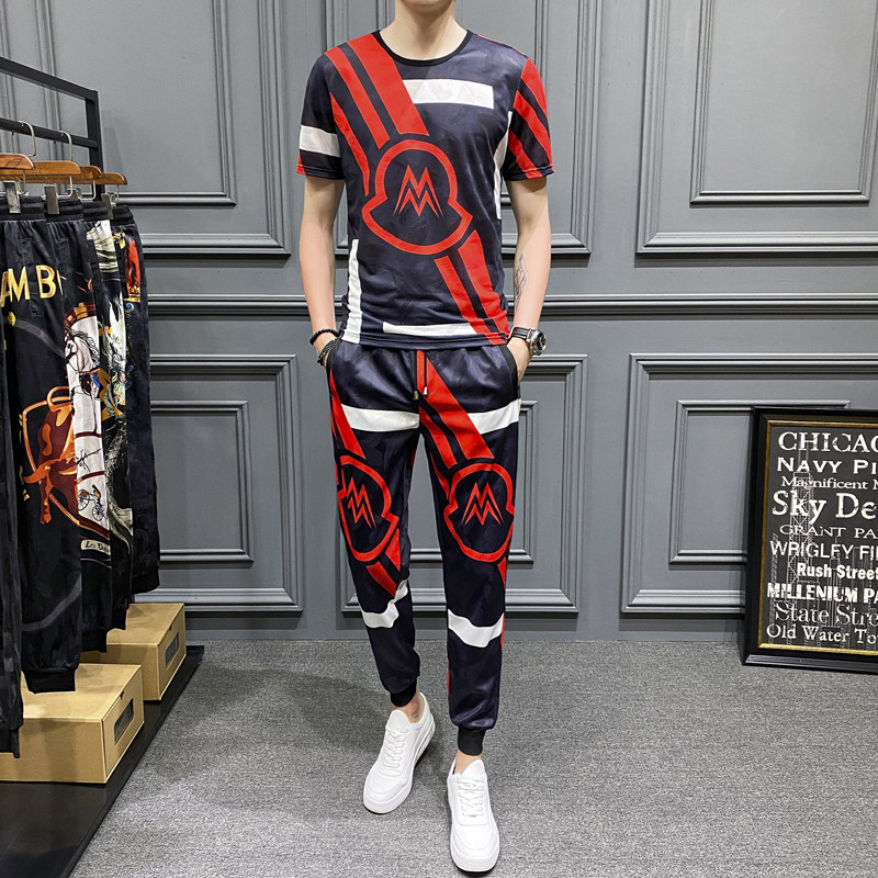 2021夏季新款条纹冰丝短袖长裤套装男 钱塘3029-3005-P110  真模图片