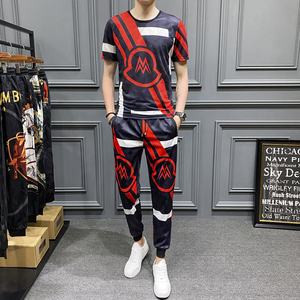 2021夏季新款条纹冰丝短袖长裤套装男 钱塘3029-3005-P110  真模图片
