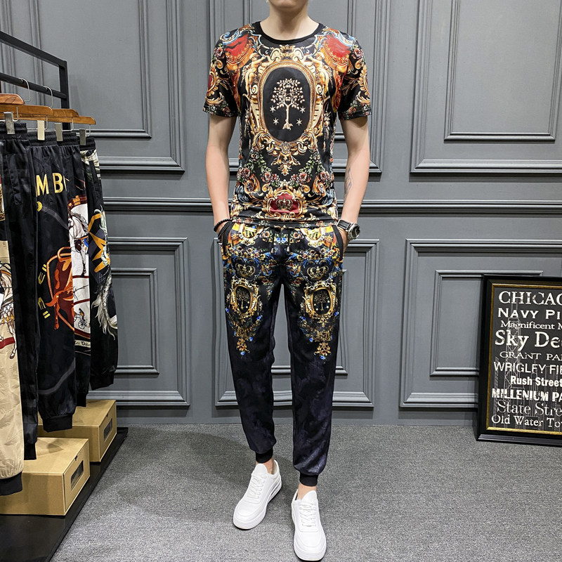 2021夏季个性印花冰丝短袖套装男长裤 钱塘3029-3001-P110  真模图片