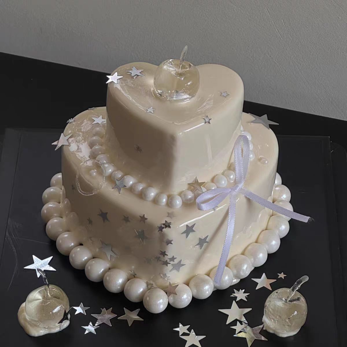 简约ins风银色亮片星星白色丝带女生生日装扮插件五角星蛋糕装饰