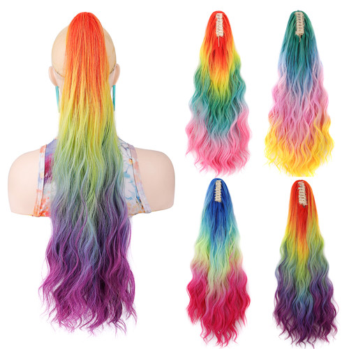 假发爪夹马尾辫大波浪卷彩虹色Rainbow Long Wavy Hair Ponytails