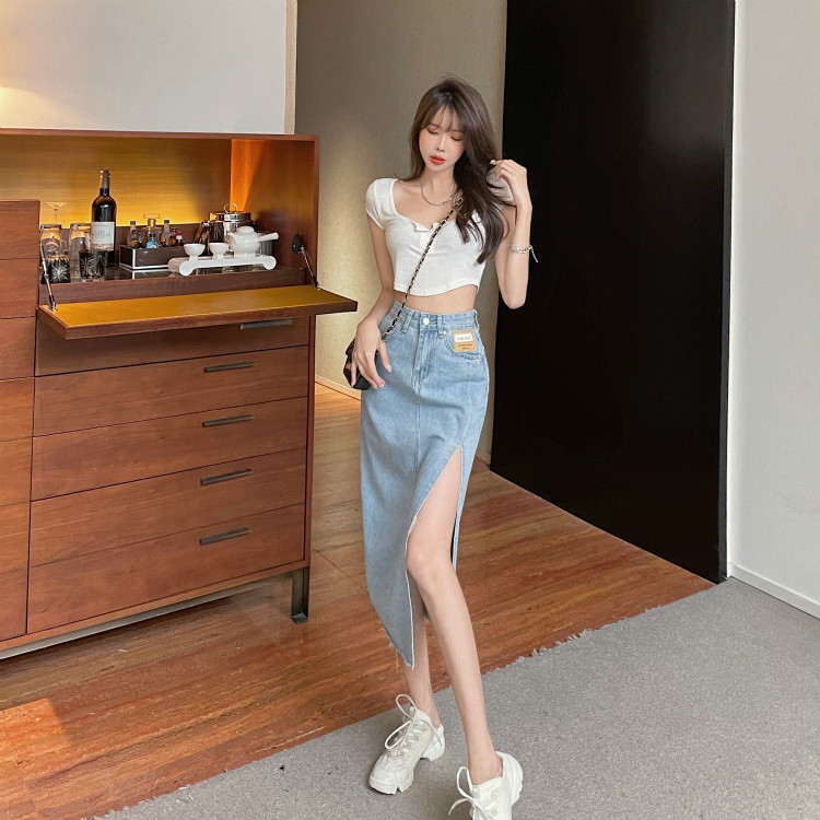 Real price design high waist split denim skirt label bag buttocks show thin medium length A-line skirt