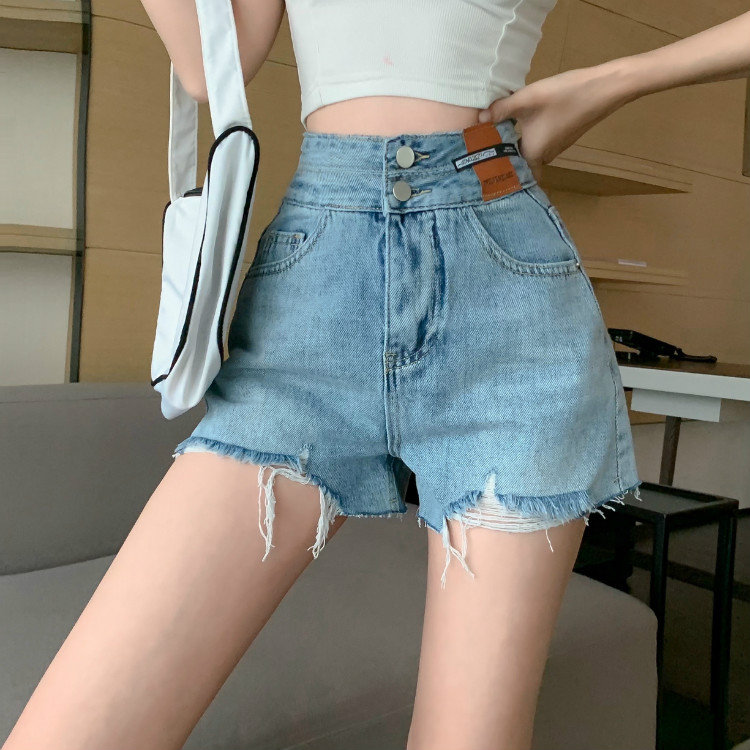 實拍實價夏季新款港味毛邊割爛皮牌高腰顯瘦闊腿牛仔短褲熱褲