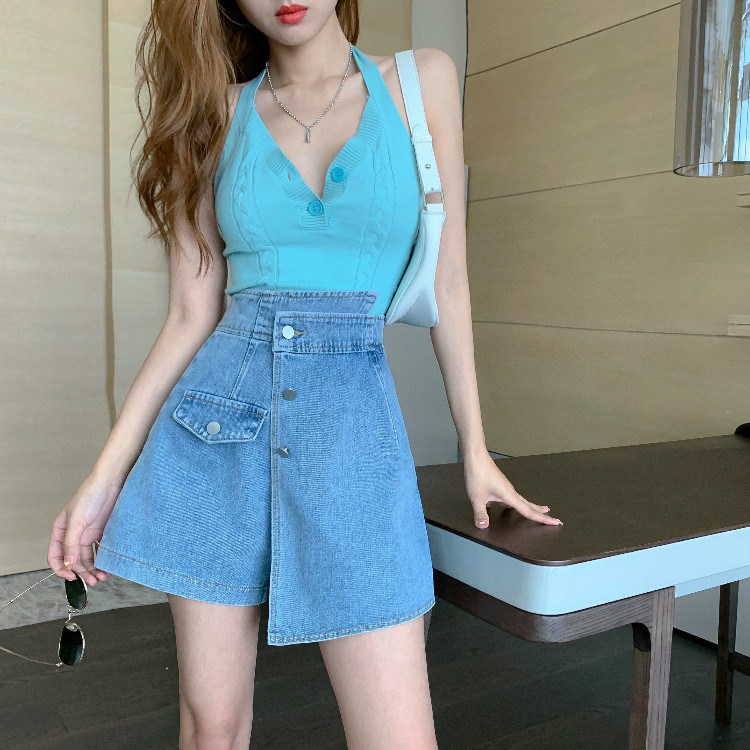 Real shooting and real price summer irregular denim skirt with buttocks showing thin a-skirt and high waist fake two-piece skirt pants