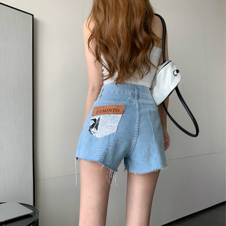 Real shot real price summer new fashion personality back pocket high waist raw edge torn slim denim shorts