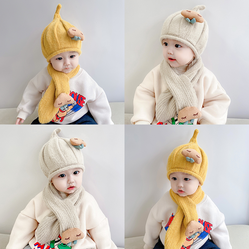 婴儿帽子秋冬季宝宝毛线帽可爱超萌围巾套装婴幼儿童护耳男童冬天