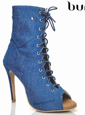 burju-Deja Vu牛仔蓝专业高跟爵士舞靴，heel拉丁Salsa系带舞蹈鞋