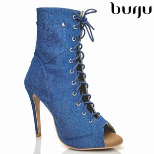 heel拉丁Salsa系带舞蹈鞋 Vu牛仔蓝专业高跟爵士舞靴 Deja burju