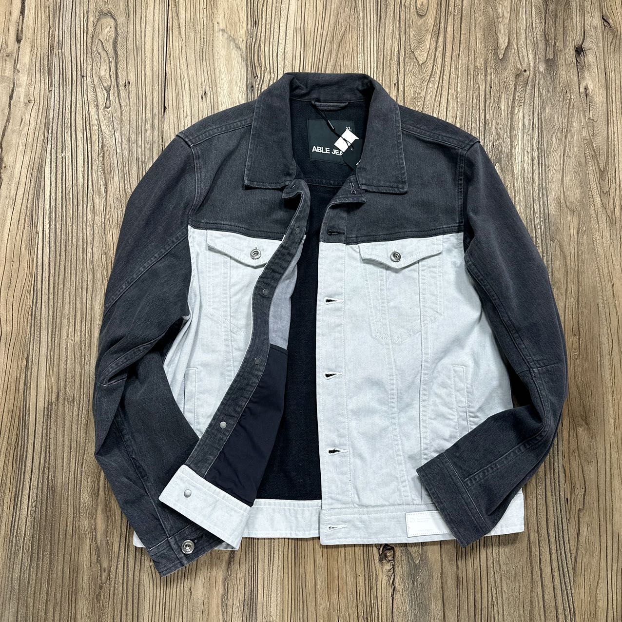 中性款ABLE JEANS男女牛仔夹克灰牛拼接复古时尚潮流百搭上衣外套