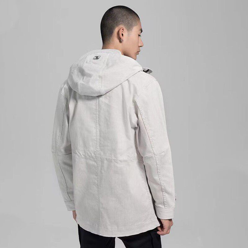 ABLE JEANS MENS TRENCH COAT FALL|WINTER NEW WHITE COW DENIM HOODED JACKET CASUAL MIDI TOP JACKET