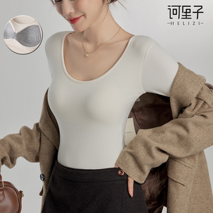 大圆领发热带胸垫一体加厚加薄绒保暖打底衫 女 内衣秋冬棉上衣修身