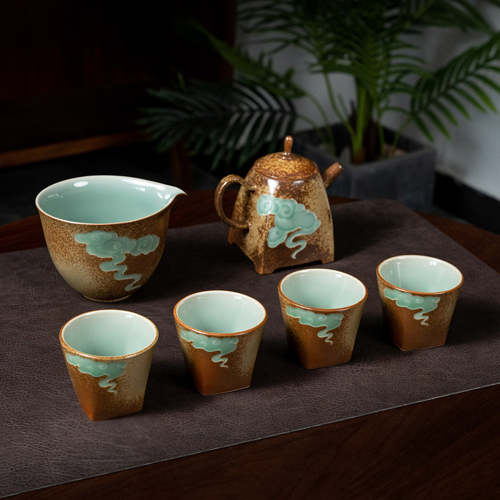 高端功夫茶具茶壶泡茶专用套装青瓷祥云刻绘家用送礼高档喝茶器具