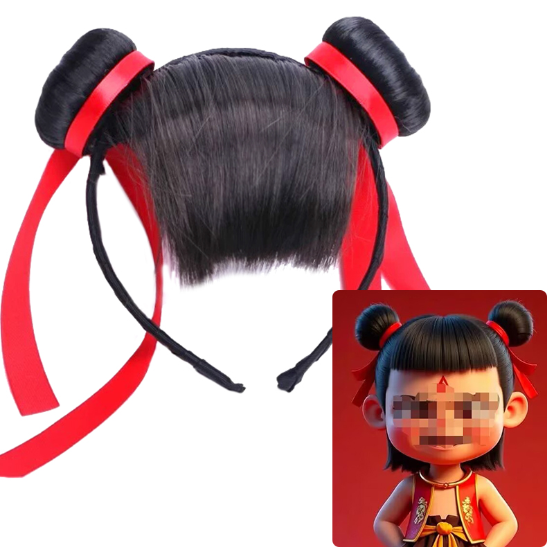 哪吒魔童降世古风黑色双丸子波波头假发发箍超萌可爱儿童妆造道具