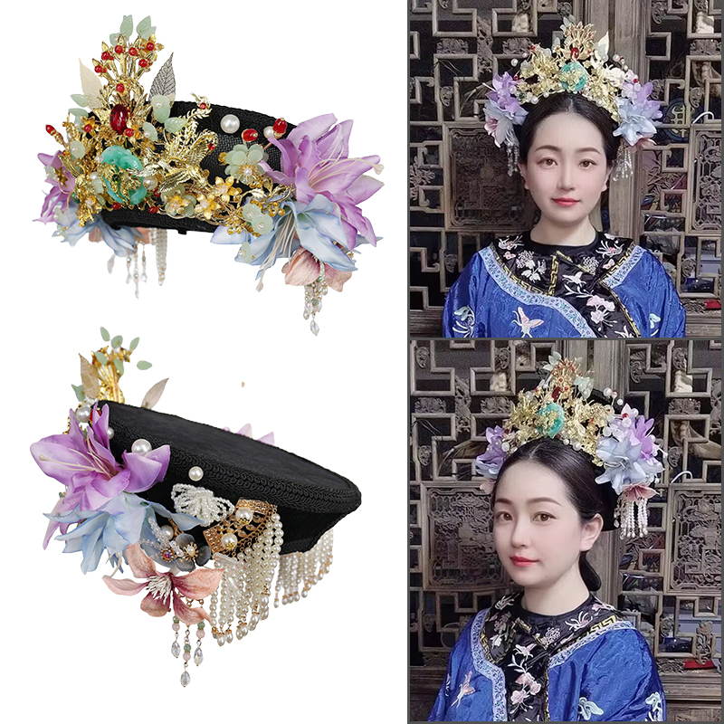 皇后娘娘贵妃格格头饰钿子帽子清装网红款花铀帽子清朝头饰旗头