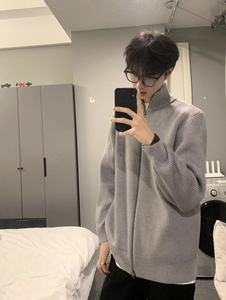 cleanfit灰色针织开衫外套男秋冬ootd穿搭高级感美式慵懒立领毛衣图片