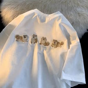706-1-T1795-P35  夏季日系男士柴犬刺绣短袖T恤情侣休闲半袖上衣图片