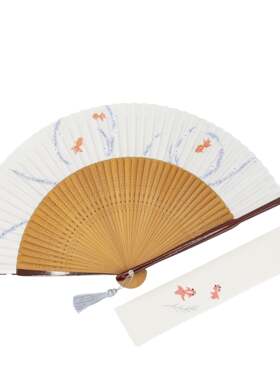 日本进口 京都白竹堂 职人手绘夏の风诗物 和纸京扇子 叶月 金鱼