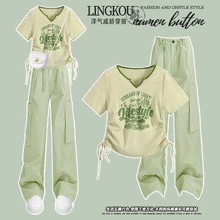 女t恤夏装 小个子时尚 新款 两件套 短袖 抽绳辣妹上衣搭配绿色工装 裤