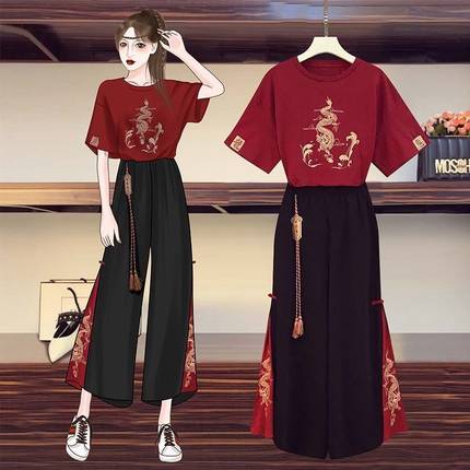 大码改良版汉服套装女裤子夏季洋气文艺复古中国风刺绣国潮两件套