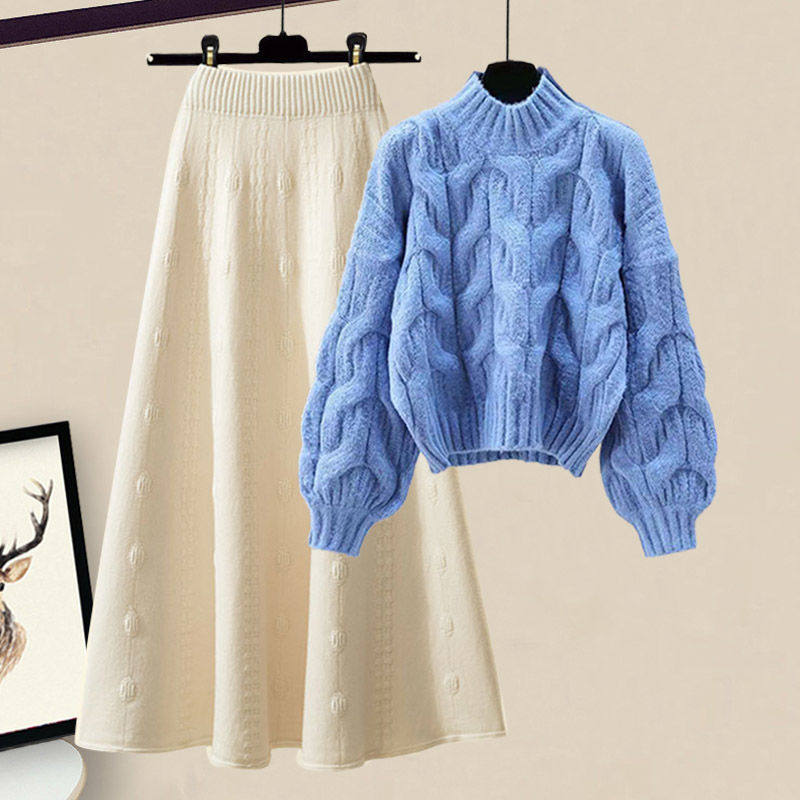 작은 사람들을 위한 가을 겨울 연령 감소 정장 스커트 고급 지방 MM 트위스트 풀오버 스웨터 니트 스커트 투피스 세트