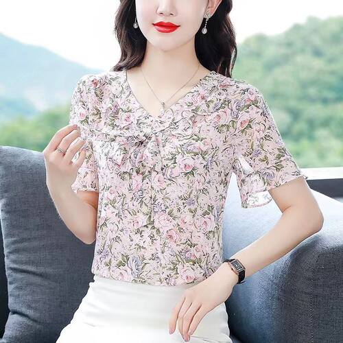 碎花小衫女夏季2024新款设计感洋气韩版荷叶边短袖别致上衣雪纺衫
