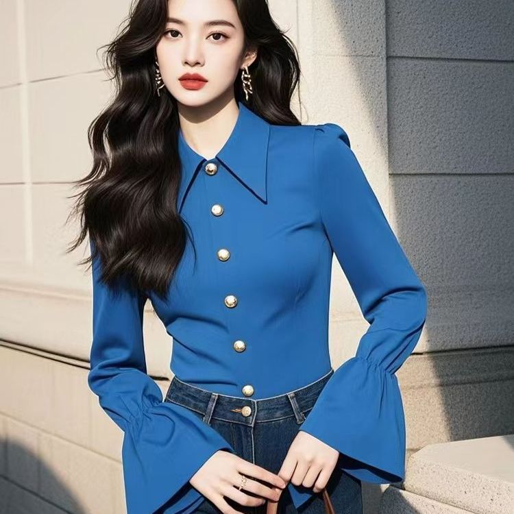 法式高级感喇叭袖上衣女2025春季独特好看蓝色长袖衬衫