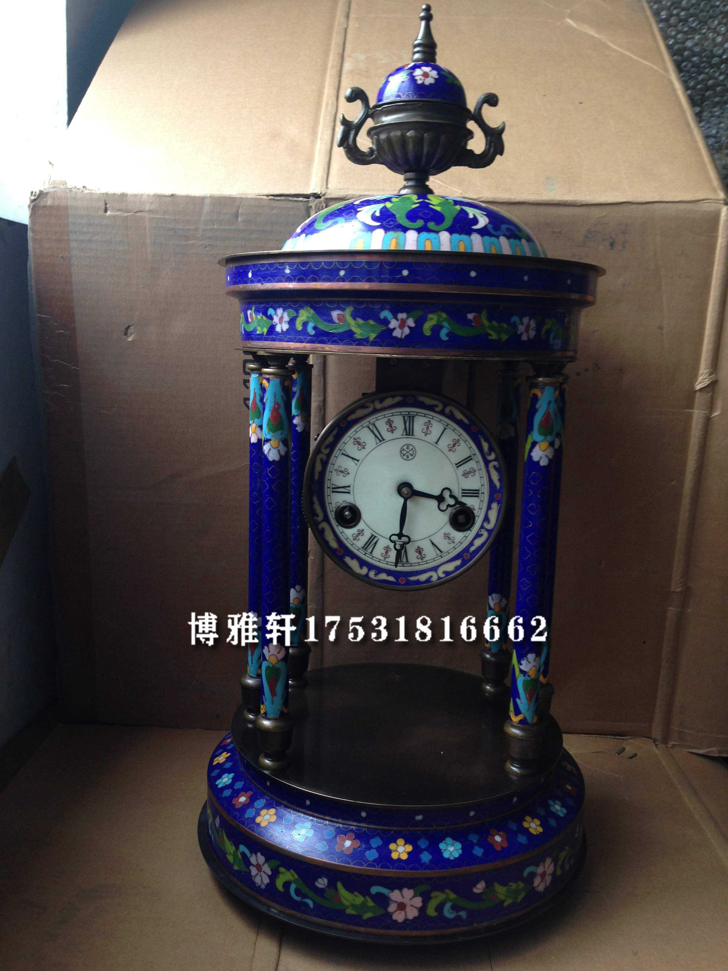 钟表景泰蓝做旧纯铜座钟六柱仿故宫老钟表发条上弦三五报时台钟