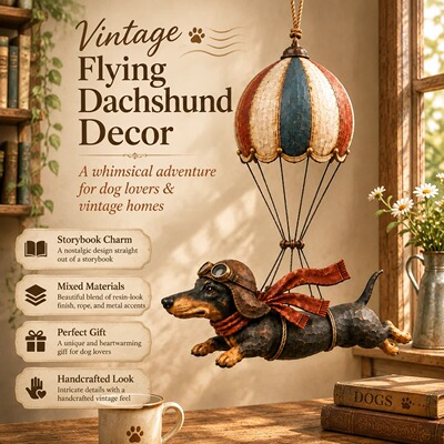 跨境新品 Flying Dachshund 飞行热气球腊肠狗装饰树脂工艺品挂件